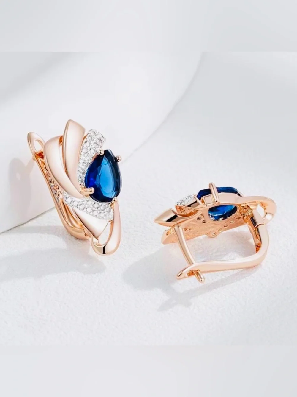Rose Gold Earrings with Blue Teardrop Gemstones